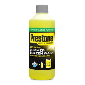A clear bottle with a blue lid containing yellow summer screenwash labelled with bold black letters saying 'Prestone'.
